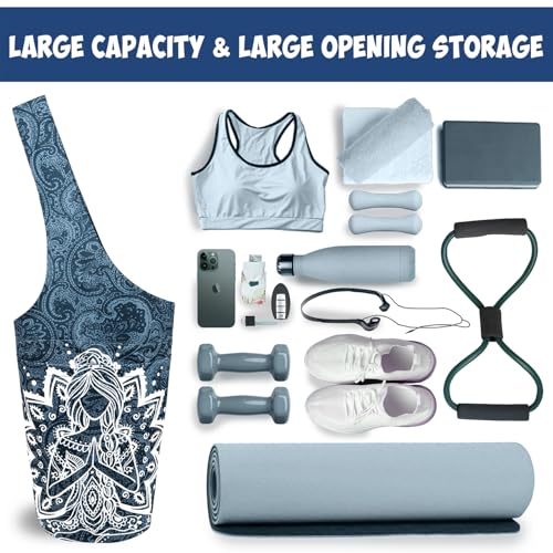 Yoga Mat Bag Carrier for Women with Side Large Pocket Durable Linen Workout Gym Travel Storage Pilates Mats - color: Mandala Meditation