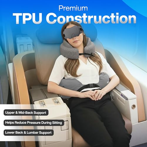 4-in-1 Travel Comfort Set Inflatable Neck Pillow, Convertible Lumbar Support & Foot Hammock, 3D Sleep Mask & Ear Plugs Complete Comfort Kit for Airplane, Office & Car Gift-Ready (Gray)
