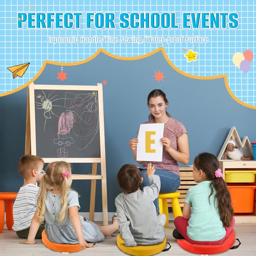8 PCS 16 Inch Round Floor Pillows with Handles | Waterproof Synthetic Leather Flexible Seating Cushions | 16''x16''x2'' Thick Floor Cushions for Classroom, Home, Yoga & Meditation