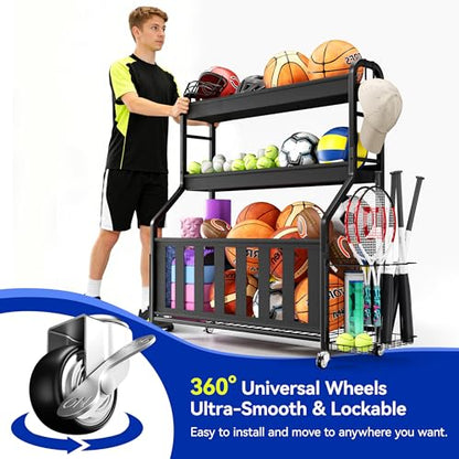 Sports Equipment Organizer, Large Capacity Garage Ball Storage Rack | Heavy-Duty Rolling Ball Cart with Locking Wheels for Basketball, Soccer & Sports Gear