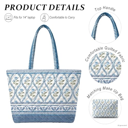 Quilted Tote Bag 2 Pack, Women's Tote Handbags for Work Travel - color: Pale Indigo Blue