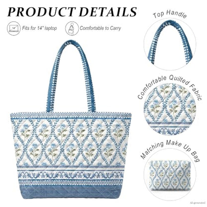 Quilted Tote Bag 2 Pack, Women's Tote Handbags for Work Travel - color: Pale Indigo Blue