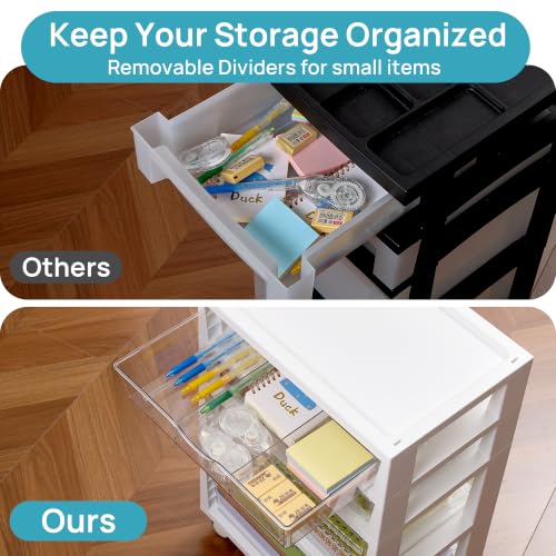 Vtopmart 5-Tier Plastic Drawer Storage Rolling Cart with Wheels | Clear Drawers with Multiple Sizes Keep Supplies visible. Sturdy for Under Desk, Office, Makeup , Crafts & Art Storage - style: 5 Tier 5 Drawers