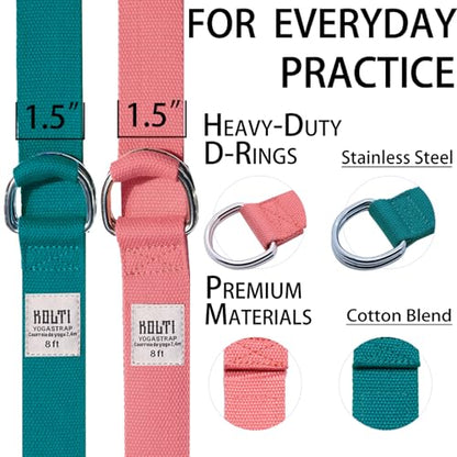 Yoga Exercise Adjustable Straps 8FT with Durable D-Ring for Pilates & Gym Workouts | Hold Poses, Stretch, Improve Flexibility & Maintain Balance - color: Cyan&Pink