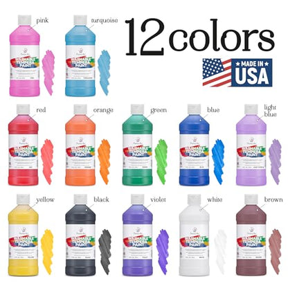 Positive Art Washable Paint for Kids, 12 Colors, 16 oz Bottles, Non-Toxic Tempera Paint Set for School and Classroom, Paraben-Free