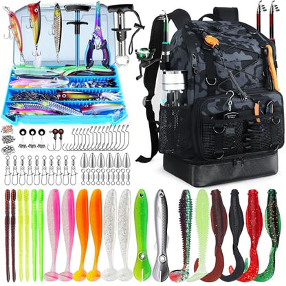 Fishing Backpack with Tackle Boxes and Rod Holder, Cooler, 30L Large Tackle Bag with Fishing Gear Lures Kit, Waterproof Bottom tackle Backpack Fish Set Gifts for Men Women-Camo Back Pack - color: Camo