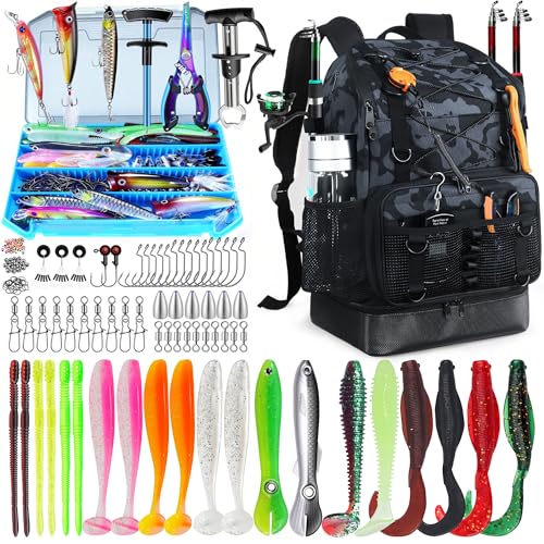 Fishing Backpack with Tackle Boxes and Rod Holder, Cooler, 30L Large Tackle Bag with Fishing Gear Lures Kit, Waterproof Bottom tackle Backpack Fish Set Gifts for Men Women-Camo Back Pack - color: Camo