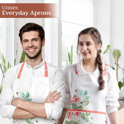 Maison d' Hermine Aprons for women with Pocket 100% Cotton (27.50"x31.50") | Adjustable Neck Strap & long ties Apron Men Chef Wedding Cooking Gardening Server Maid - color: 048 - Strawberry Summer