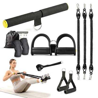 Pedal Resistance Band with Handles for Men Women & Seniors + Knee Sleeves | 3-tube adjustable 25-75lb resistance band, heavy duty built to last, door anchor included, portable set for home and outdoors