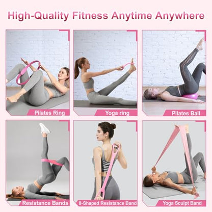 Home Pilates Essentials Kit for Women, Pilates Kit for Home Workouts, Pilates Equipment with Figure 8 Resistance Band, 14" Magic Circle, Yoga Ring, Pilates Accessories Set for Starter Workout