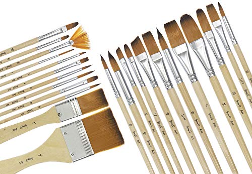 24 Pcs Artist Paint Brush Set with Free Carry Pouch for Watercolor, Acrylic, Oil and All Media, Suitable for Canvas, Paper, Ceramic, Golden Nylon Hair, Wood Handles JQ-B24