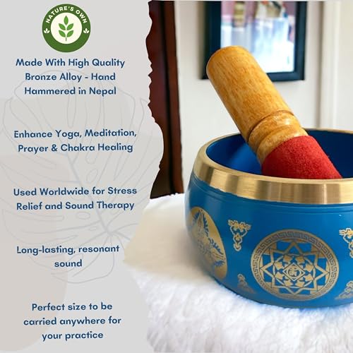 Nature's Own Tibetan Singing Bowl Set- Easy to Play- Meditation Sound Bowl Handcrafted in Nepal for Yoga, Mindfulness, Chakra Healing, Stress Relief- Spiritual Gifts for Women and Men (3.5 Inch, Blue) - color: Blue