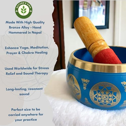 Nature's Own Tibetan Singing Bowl Set- Easy to Play- Meditation Sound Bowl Handcrafted in Nepal for Yoga, Mindfulness, Chakra Healing, Stress Relief- Spiritual Gifts for Women and Men (3.5 Inch, Blue) - color: Blue