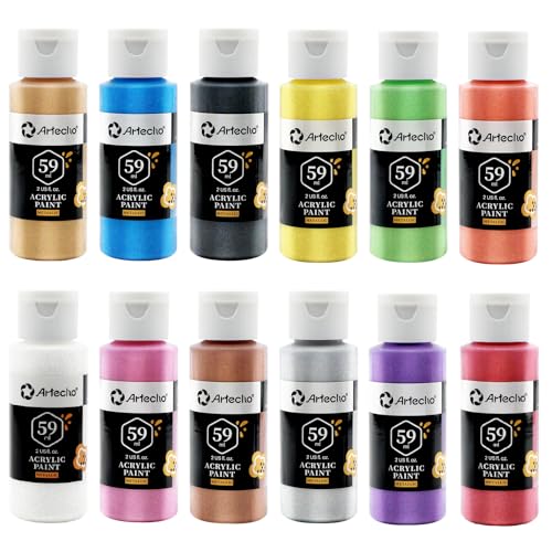 Artecho 12 Metallic Colors Acrylic Paint 59ml / 2oz Bottle | Semi Glossy Finish, High Pigment Rich Color Craft Paint for Canvas, Rocks, Wood, Fabric, Ceramic, Non-Toxic - color: Metallic Set, size: 24 Fl Oz (Pack of 1)