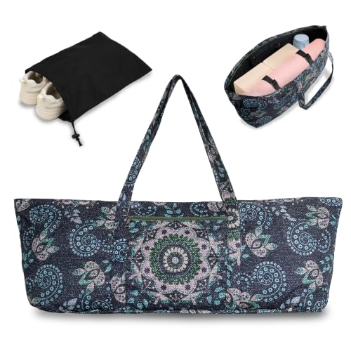 Yoga Mat Bag Yoga Tote Bag with Large Waterproof Zipper Pocket and Drawstring Pocket Yoga Mat Bag Carrier Fit Most Size Mats and All You Stuff - color: dark blue green