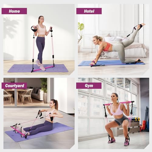 Upgraded Pilates Bar Kit with Resistance Bands Natural Latex for Women & Men, Heavy-Duty Stainless Steel Multifunctional Yoga Pilates Stick for Home Gym Exercise Fitness Equipment Full-Body Workouts - color: Purple Red