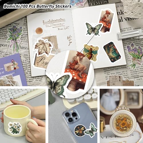 100 Pcs Vintage Insects Botany Forest Theme Vinyl Stickers | for Journaling, Apothecary Label Sticker with Deep in the Forest Theme Water Bottle Laptop Computer Skateboard Bumper - style: Butterfly-1