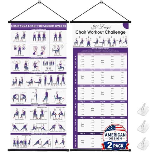 Baemin Chair Yoga Wall Charts Set, 17 x 36 in, 2 Pack | For Seniors & Beginners, Time & Reps on Every Pose, Chair Yoga Routine with 30-Day Tracker, Tai Chi Chair Workout