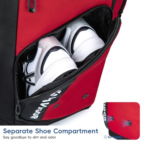 KAVIGOR Rolling Baseball Bag with Wheels, 60L Capacity Softball Bag Holds 4 Bats for Boys and Girls, Youth Equipment Bag with Shoe Compartment - color: Red