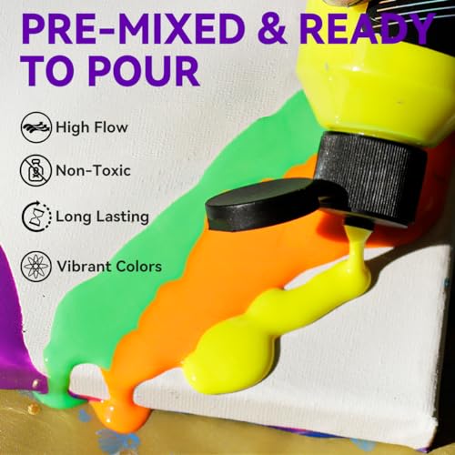 OPHIR 6 Fluorescent Acrylic Pour Paint Kit for Bright Fluid Art | Premixed Pouring Paint Suitable For Canvas Artwork, Wood Crafts, Rock Painting and Decorative DIY Creation - color: Fluorescent Colors Set (6 Bottles)