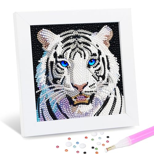 Leixonl Diamond Art Kits for Kids with Framed (7 in) Cartoon Animals DIY Gem Art Painting - Arts & Crafts Gifts for Beginners & Teens (1p-6in Tiger -W) - color: Tiger -W