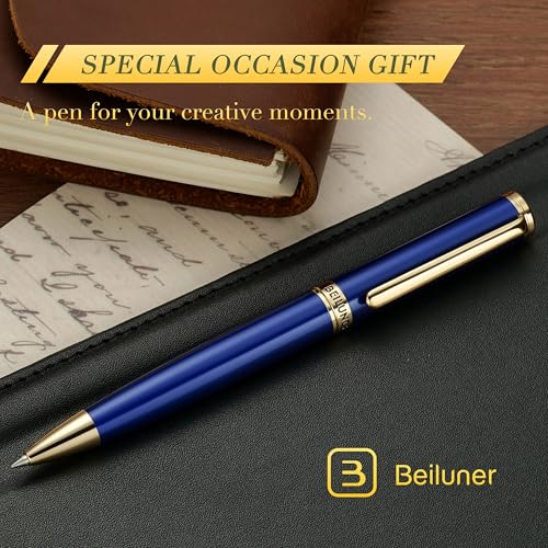 BEILUNER Blue Lacquer Gel Pen - Stunning Luxury Pen with 24K Gold Finish, ADMOK Black Refill, Executive Gift Set for Family & Friends, Writing, Fancy, Office, Retractable Pens - color: Blue and 24K Gold Finish