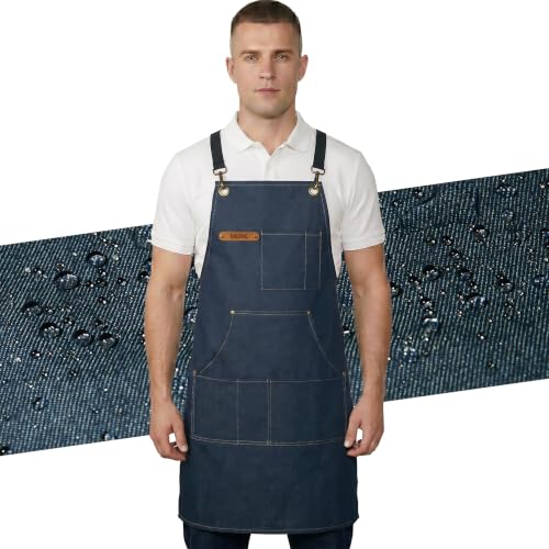 Professional Unisex Chef Apron – Cross-Back, Large Pockets, Water-Resistant Cotton Canvas - color: Navy Denim