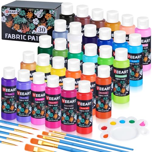 Fabric Paint, Yeeart 30 Colors Permanent Soft Fabric Paint Set for Clothes in Bottles (60ml/2oz) with 10 Brushes, Palette, Non-Toxic Textile Paint Art Supplies for Clothes, Canvas, T-Shirts, Jeans, Bags & Art Crafts - size: 2 Fl Oz (Pack of 30)