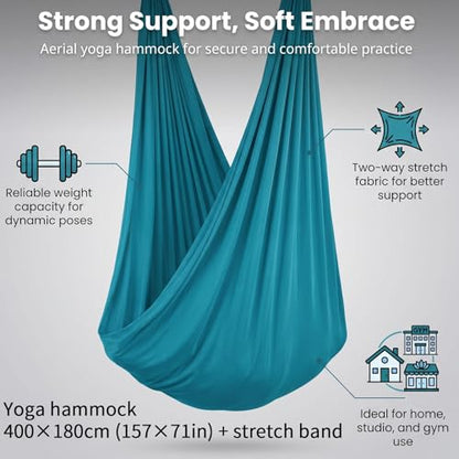 Blue-Green Gradient & Dark Green Aerial Yoga Hammock (400x180 cm / 157"x71"), Soft Silk Swing for Anti-Gravity Yoga, Inversion Therapy, Ideal for Strength, Flexibility Training and Stress Relief - color: Dark Green
