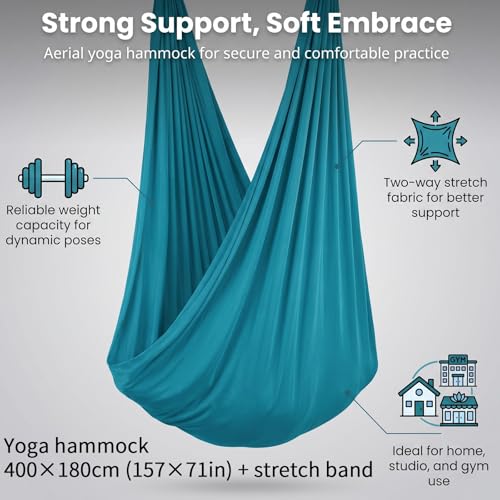 Blue-Green Gradient & Dark Green Aerial Yoga Hammock (400x180 cm / 157"x71"), Soft Silk Swing for Anti-Gravity Yoga, Inversion Therapy, Ideal for Strength, Flexibility Training and Stress Relief - color: Dark Green