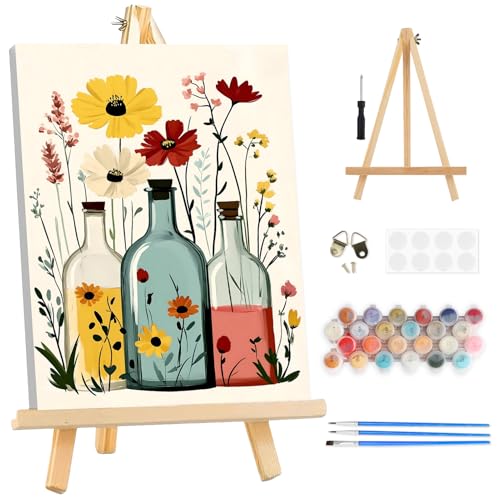TOSTOG Floral Glass Bottles Framed Canvas Paint by Numbers Art Kit for Adults and Kids, Beginner Acrylic Oil Painting Supplies with Wooden Frame for Home Wall Decor 20 * 30 cm/8 * 12 in - color: Floral Glass Bottles