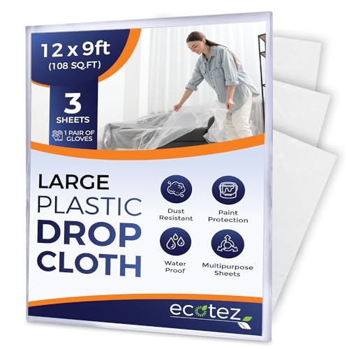 3 Pack 12 x 9 ft Extra Large Plastic Drop Cloth for Painting | Light & Durable Tarp Cover for Furniture Plastic Clear Tarp Waterproof - Paint Floor Covering - Painters Drop Cloth Sheeting - size: 3 Pack