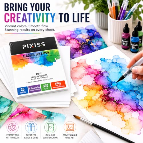 White Alcohol Ink Paper - 25 Sheets Pixiss Heavy Weight Art Paper for Alcohol Ink & Watercolor - Extra Smooth Synthetic Paper A4 8x12 inches, 300gsm - size: 1 Pack | 25 Sheets