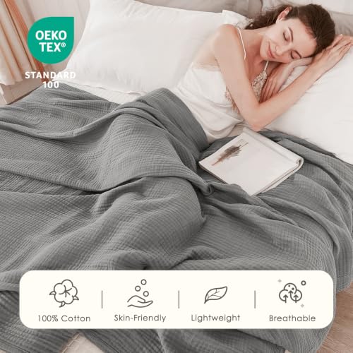 EMME Muslin Blankets for Adults Throw Blanket for Couch Breathable Gauze Soft Lightweight Airy Grey Queen 90" x 90" - color: 06 - Grey, size: Queen (90" x 90")