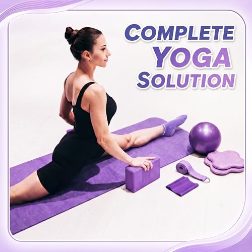 Thenshop 12 Pcs Home Pilates Kit for Women Workouts, Purple Yoga Equipment Set with Yoga Mats Socks Balls Blocks Resistance Bands Strap Knee Pads and Fitness Storage Bag Accessories for Starter