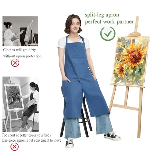 Pottery Apron Split Leg,100% Cotton Artist Apron 3 Pockets for Women Men,Ceramics Clay - color: Blue, size: 36" long