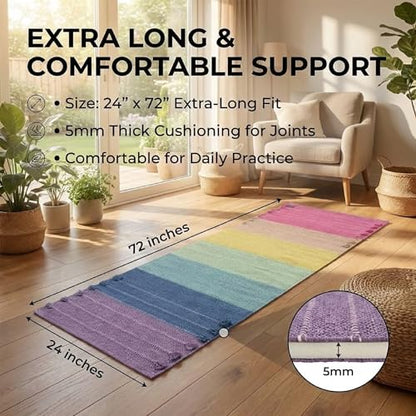 Indian Handmade100 % Organic Anti Skid Multi Colour Cotton Yoga Mat - Eco-Friendly Hand-Woven Rug - Non-Slip & Thick (24”x72”x5mm) for Hot yoga & Everyday Fitness at Home - Comfortable & Foldable Extra-Long Mat - color: Multi 10