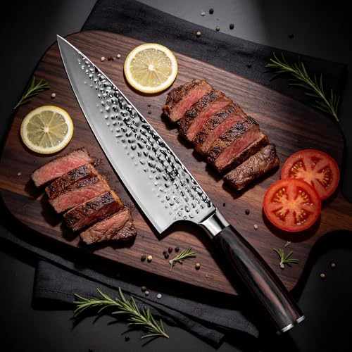 imarku 8 Inch Hammered Japanese Chef Knife,Powder Steel Edge Kitchen Knife | HC Stainless Steel,Anti-Stick Ultra Sharp Blade Cooking Knife,Ergonomic Pakkawood Handle,Professional Knife Gift - color: Silver