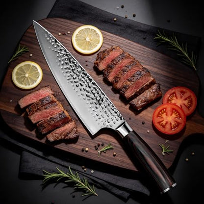 imarku 8 Inch Hammered Japanese Chef Knife,Powder Steel Edge Kitchen Knife | HC Stainless Steel,Anti-Stick Ultra Sharp Blade Cooking Knife,Ergonomic Pakkawood Handle,Professional Knife Gift - color: Silver