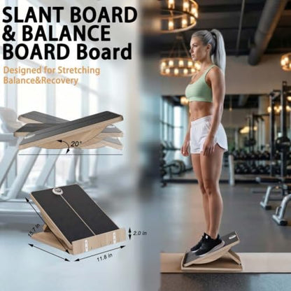 Slant Board for Exercise, 2-in-1 Balance Board & Calf Stretcher with Timer,Adjustable Wooden Squat Wedge with Anti-Slip Surface,Incline Board for Stretching & Blance Training
