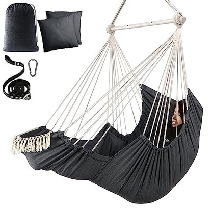 Chihee Hammock Chair Foot Rest 2 Cushions Max 485 lbs Metal Spreader Bar | Robust Hanging Chair Soft Cotton Blended Swing Collapsible Easy Storage Strong Strap Iron Carabiner Pocket Indoor Outdoor - color: Dark Grey