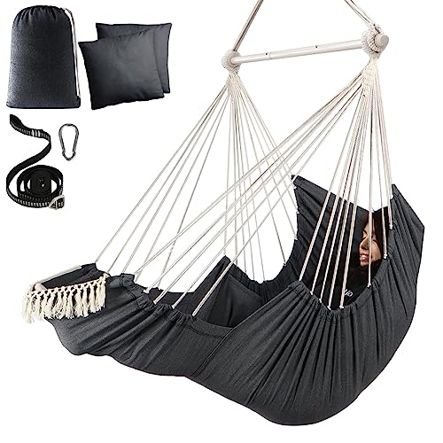 Chihee Hammock Chair Foot Rest 2 Cushions Max 485 lbs Metal Spreader Bar | Robust Hanging Chair Soft Cotton Blended Swing Collapsible Easy Storage Strong Strap Iron Carabiner Pocket Indoor Outdoor - color: Dark Grey