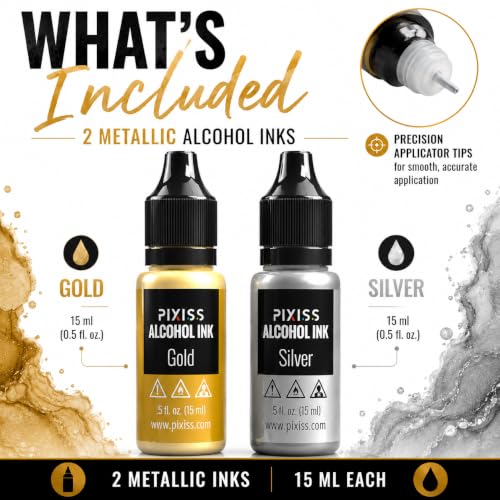 Pixiss Metallic Alcohol Ink Set - Silver and Gold Metallic Alcohol Ink Mixatives, 0.5oz Metallic Alcohol Pigment Resin Dye, Alcohol Inks for Epoxy Resin, Metallic Mixative for Yupo and Tumbler Cups