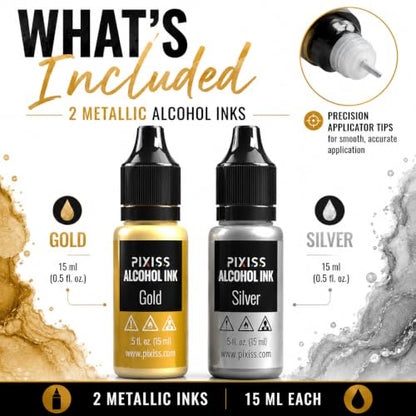 Pixiss Metallic Alcohol Ink Set - Silver and Gold Metallic Alcohol Ink Mixatives, 0.5oz Metallic Alcohol Pigment Resin Dye, Alcohol Inks for Epoxy Resin, Metallic Mixative for Yupo and Tumbler Cups