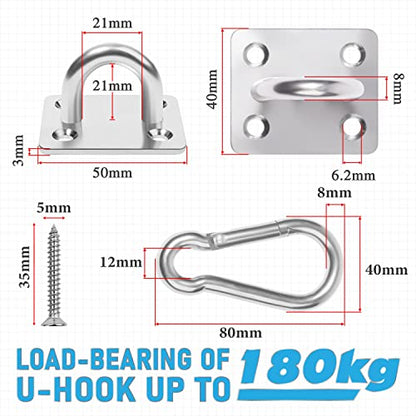 Premium M8 Heavy-Duty Stainless Steel Pad Eye Snap Hook, Ceiling Hook, 4PCS | 2PCS Eye Hooks + 2PCS Snap Hooks, Hanging Kit with Screws for Hammock Chair Swing, Yoga, Gym, Sun Shade Sail, Plant Hangers