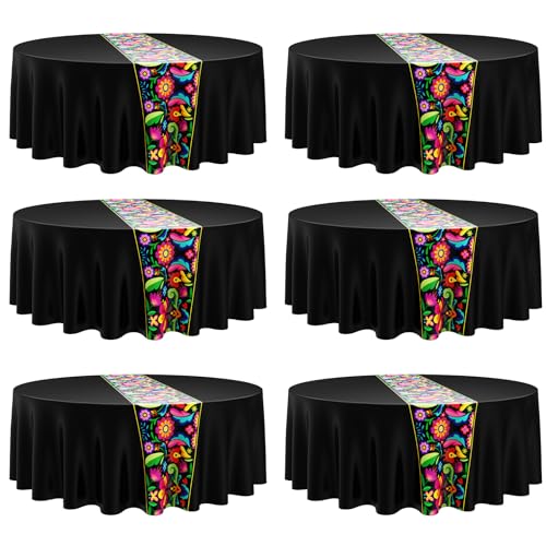 Oudain 6 Pcs Mexican Round Tablecloth 84 Inch Table Cover, Black - color: Black