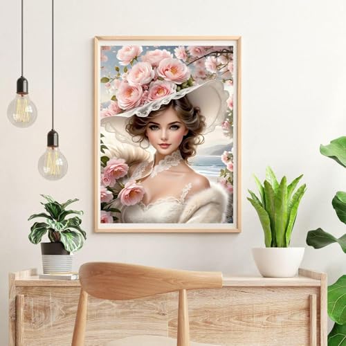 Lady in Flower Hat Diamond Art Painting Kits for Adults,Full Drill Diamond Dots Paintings for Beginners,Flower Round 5D Paint with Diamonds Pictures Gem Art Painting Kits DIY Crafts Kits 12x16inch - color: Lady in Flower Hat