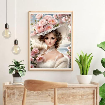 Lady in Flower Hat Diamond Art Painting Kits for Adults,Full Drill Diamond Dots Paintings for Beginners,Flower Round 5D Paint with Diamonds Pictures Gem Art Painting Kits DIY Crafts Kits 12x16inch - color: Lady in Flower Hat