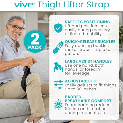 Vive Thigh Lifter Strap (2 Pack) - Pull Up Assistance Band - Medical | Equipment Padded Wrist Tool For Leg Movement - Transfer Device For Limited Mobility, Knee Recovery - For Elderly, Senior