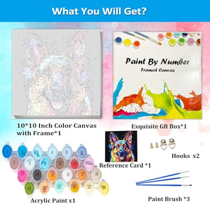 Artunion Framed Paint by Numbers Kit for Adults Beginners & Kids Ages 8-12,German Shepherd Paint by Number with Frame,Dog Animal Paint by Numbers Kit on Canvas 10 * 10 Inch Without Easel - color: ZXT-234-F